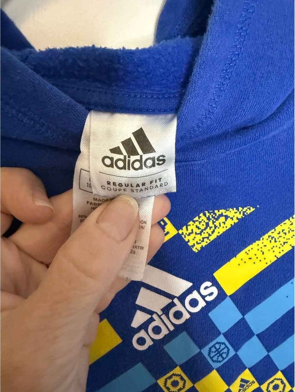 Adidas Boys' Blue Hoodie Sweatshirt with Colorful Graphic Design, Size M (10/12)